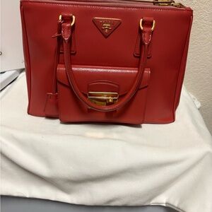 Prada Peachy Coral Saffiano Leather Satchel with Gold Hardware Shoulder Bag